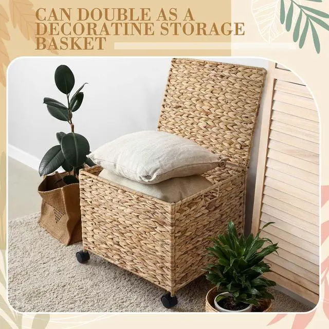 Alt view image 5 of 7 - Rolling Hanging File Box, Water Hyacinth Wicker Basket File Organizer Letter/legal Size Collapsible Woven Hanging Filing Cabinet with Lid and Locking Wheels for Office/home Decor, 17 x 15 x 14 in