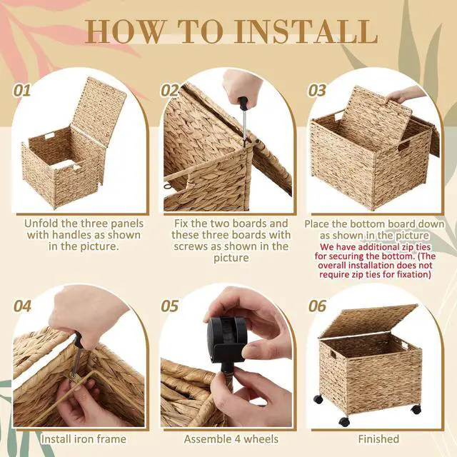 Alt view image 4 of 7 - Rolling Hanging File Box, Water Hyacinth Wicker Basket File Organizer Letter/legal Size Collapsible Woven Hanging Filing Cabinet with Lid and Locking Wheels for Office/home Decor, 17 x 15 x 14 in