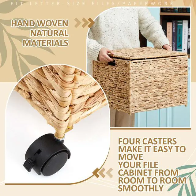 Alt view image 7 of 7 - Rolling Hanging File Box, Water Hyacinth Wicker Basket File Organizer Letter/legal Size Collapsible Woven Hanging Filing Cabinet with Lid and Locking Wheels for Office/home Decor, 17 x 15 x 14 in