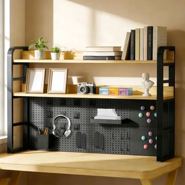 Main image of Desktop Hutch Bookshelf with Pegboard,Desk Organizer Shelf Bookcase, Countertop Storage Organizer Rack for Dorm Office Home Dormitory (Black, 95CM/37.4IN)
