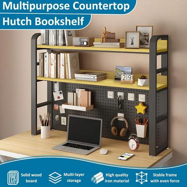 Alt view image 3 of 7 - Desktop Hutch Bookshelf with Pegboard,Desk Organizer Shelf Bookcase, Countertop Storage Organizer Rack for Dorm Office Home Dormitory (Black, 95CM/37.4IN)