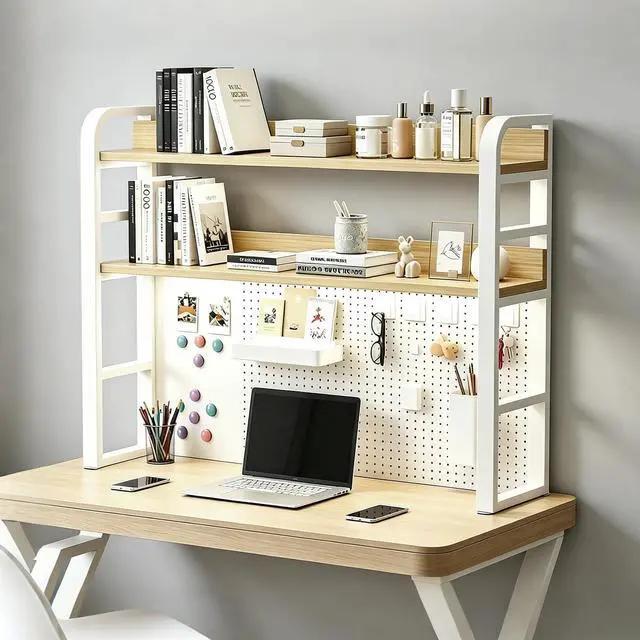 Main image of Desktop Hutch Bookshelf with Pegboard,Desk Organizer Shelf Bookcase, Countertop Storage Organizer Rack for Dorm Office Home Dormitory (White, 95CM/37.4IN)