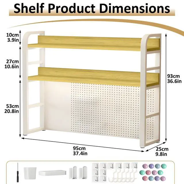 Alt view image 2 of 7 - Desktop Hutch Bookshelf with Pegboard,Desk Organizer Shelf Bookcase, Countertop Storage Organizer Rack for Dorm Office Home Dormitory (White, 95CM/37.4IN)
