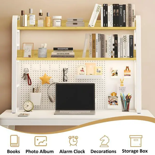 Alt view image 3 of 7 - Desktop Hutch Bookshelf with Pegboard,Desk Organizer Shelf Bookcase, Countertop Storage Organizer Rack for Dorm Office Home Dormitory (White, 95CM/37.4IN)