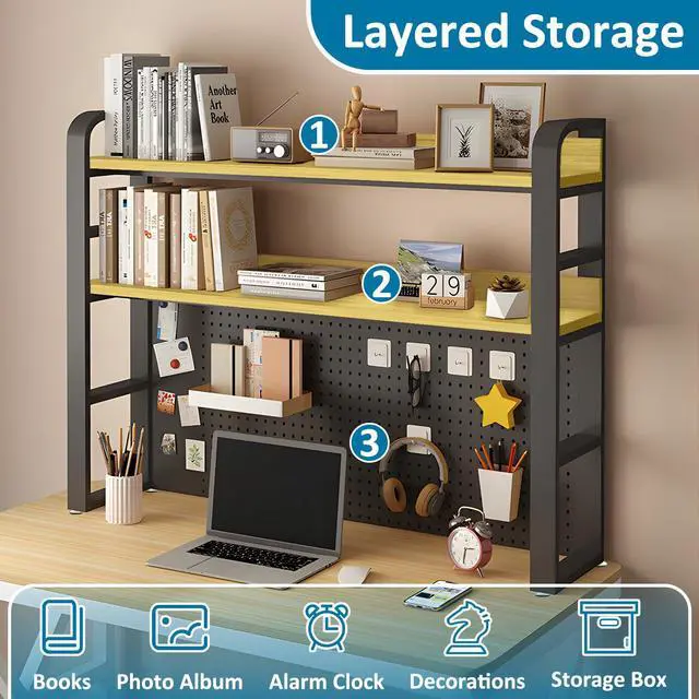 Alt view image 6 of 7 - Desktop Hutch Bookshelf with Pegboard,Desk Organizer Shelf Bookcase, Countertop Storage Organizer Rack for Dorm Office Home Dormitory (Black, 95CM/37.4IN)