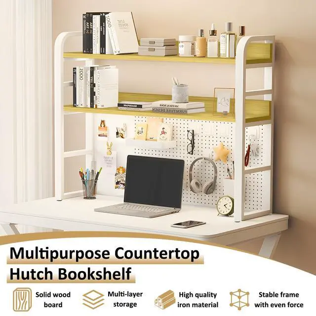 Alt view image 6 of 7 - Desktop Hutch Bookshelf with Pegboard,Desk Organizer Shelf Bookcase, Countertop Storage Organizer Rack for Dorm Office Home Dormitory (White, 95CM/37.4IN)