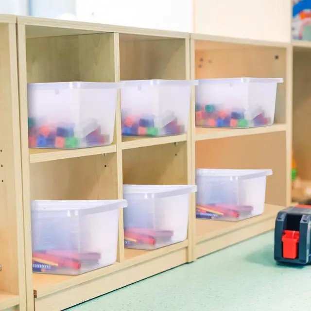 Alt view image 6 of 7 - 24 Pcs Plastic Small Cubby Bins with Lids Toy Storage Bins Classroom Storage Organizer Containers Books Bins With 15 Sheets Self Adhesive Labels for Classroom School Supplies(Transparent Color)
