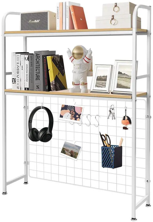 Main image of Desktop Bookcase Bookshelf Desk Hutch, 2-Tier Multipurpose Countertop Display Shelf, Adjustable Computer Desktop Rack Organizer for Home Office Dorm Use (White)