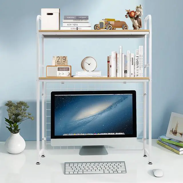 Alt view image 2 of 7 - Desktop Bookcase Bookshelf Desk Hutch, 2-Tier Multipurpose Countertop Display Shelf, Adjustable Computer Desktop Rack Organizer for Home Office Dorm Use (White)