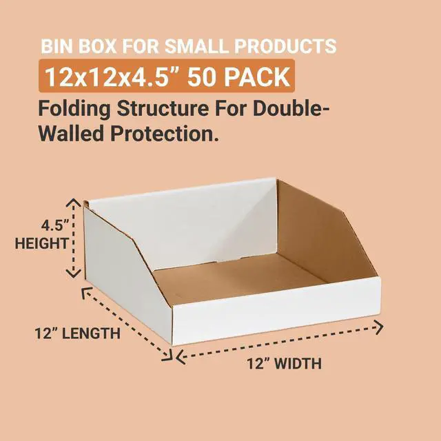 Alt view image 2 of 5 - Corrugated Cardboard Storage Bins Holder 12" x 12" x 4.5" (50 Pack), Open Top Durable and Ideal for Organizing Parts Bin Work Areas Packing Moving and Storage - White, 50 Pack