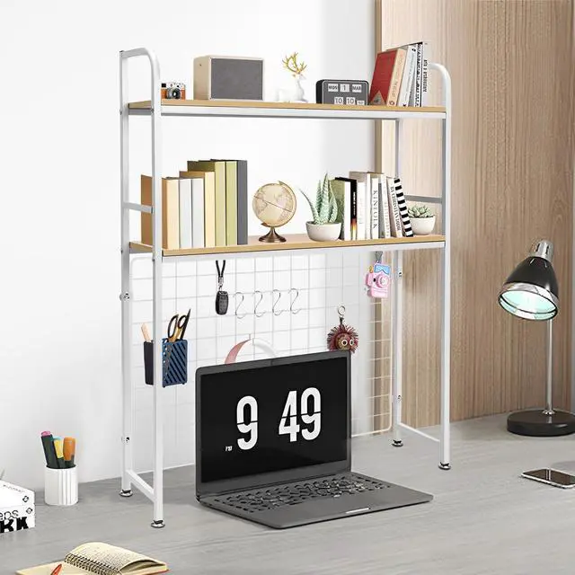 Alt view image 7 of 7 - Desktop Bookcase Bookshelf Desk Hutch, 2-Tier Multipurpose Countertop Display Shelf, Adjustable Computer Desktop Rack Organizer for Home Office Dorm Use (White)