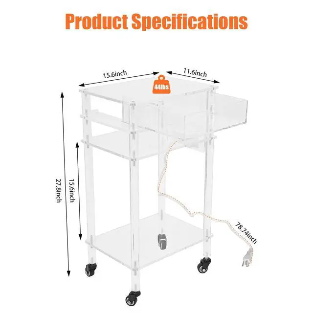 Alt view image 2 of 7 - Rolling Acrylic Printer Stand Modern Clear Printer Cart with USB Ports Outlet Multifunctional Printer Table with Wheels and Drawer for Home Office Living Room Bedroom, Clear