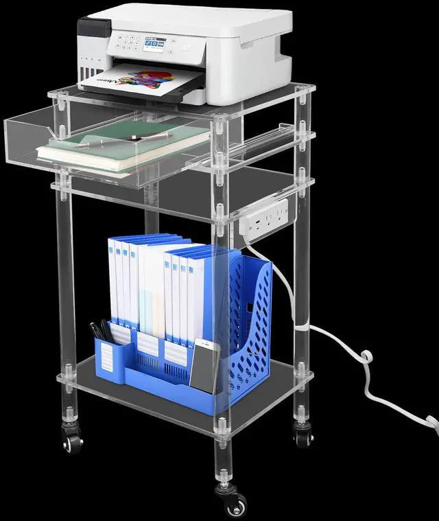 Main image of Rolling Acrylic Printer Stand Modern Clear Printer Cart with USB Ports Outlet Multifunctional Printer Table with Wheels and Drawer for Home Office Living Room Bedroom, Clear