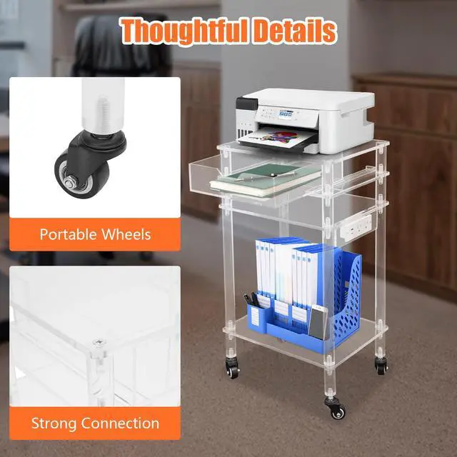 Alt view image 4 of 7 - Rolling Acrylic Printer Stand Modern Clear Printer Cart with USB Ports Outlet Multifunctional Printer Table with Wheels and Drawer for Home Office Living Room Bedroom, Clear