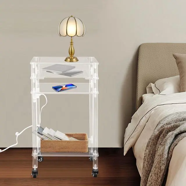 Alt view image 5 of 7 - Rolling Acrylic Printer Stand Modern Clear Printer Cart with USB Ports Outlet Multifunctional Printer Table with Wheels and Drawer for Home Office Living Room Bedroom, Clear