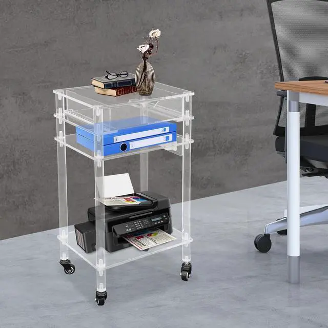 Alt view image 6 of 7 - Rolling Acrylic Printer Stand Modern Clear Printer Cart with USB Ports Outlet Multifunctional Printer Table with Wheels and Drawer for Home Office Living Room Bedroom, Clear