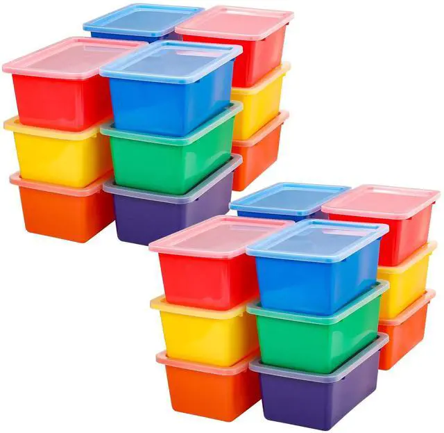 Main image of 24 Pcs Plastic Small Cubby Bins with Lids Toy Storage Bins Classroom Storage Organizer Containers Books Bins With 15 Sheets Self Adhesive Labels for Classroom School Supplies(Multicolor)