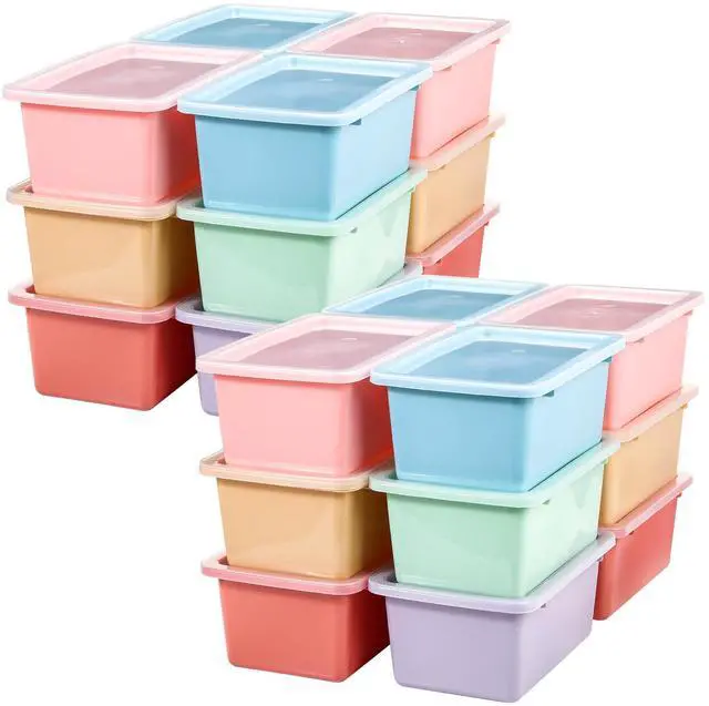 Main image of 24 Pcs Plastic Small Cubby Bins with Lids Toy Storage Bins Classroom Storage Organizer Containers Books Bins With 15 Sheets Self Adhesive Labels for Classroom School Supplies(Macaron)