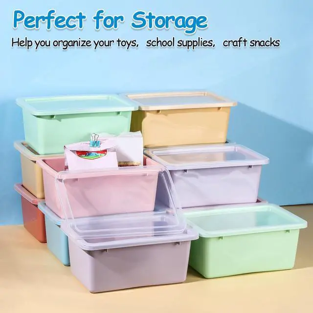 Alt view image 4 of 7 - 24 Pcs Plastic Small Cubby Bins with Lids Toy Storage Bins Classroom Storage Organizer Containers Books Bins With 15 Sheets Self Adhesive Labels for Classroom School Supplies(Macaron)