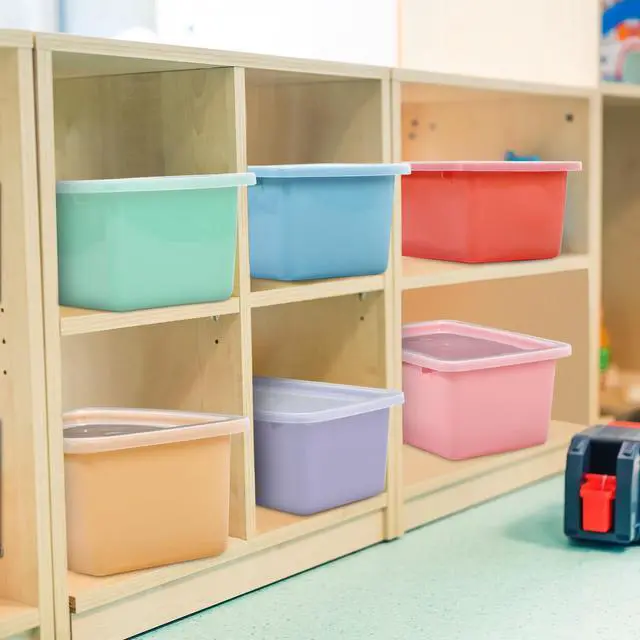 Alt view image 6 of 7 - 24 Pcs Plastic Small Cubby Bins with Lids Toy Storage Bins Classroom Storage Organizer Containers Books Bins With 15 Sheets Self Adhesive Labels for Classroom School Supplies(Macaron)