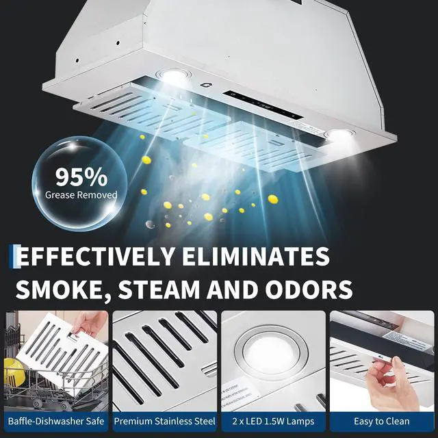Alt view image 3 of 7 - 30" Under Cabinet Range Hood, Kitchen Vent Hood, 3 Speed Settings, Stainless Steel, Gesture, Touch & Remote Control, 450 CFM, LED Lights, Ducted/Ductless Convertible Duct Hood, Easy Install