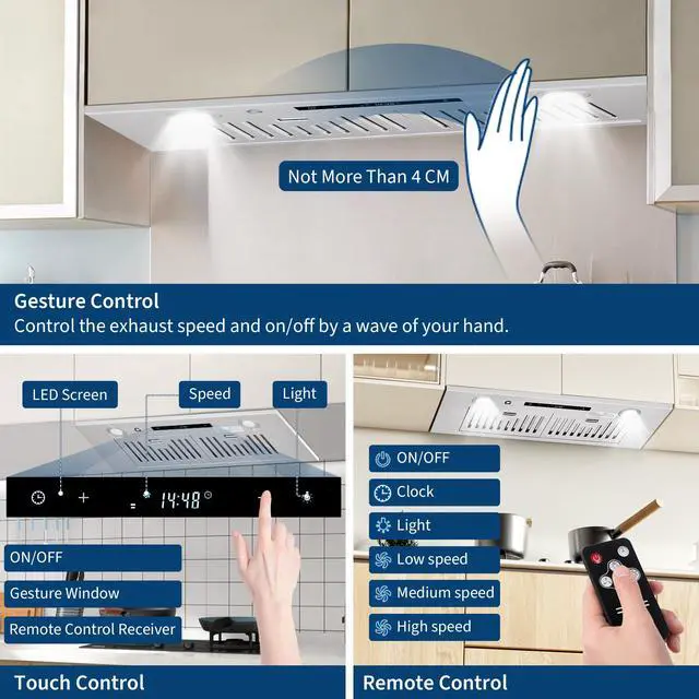 Alt view image 5 of 7 - 30" Under Cabinet Range Hood, Kitchen Vent Hood, 3 Speed Settings, Stainless Steel, Gesture, Touch & Remote Control, 450 CFM, LED Lights, Ducted/Ductless Convertible Duct Hood, Easy Install