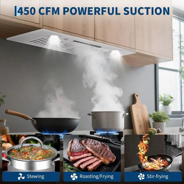 Alt view image 6 of 7 - 30" Under Cabinet Range Hood, Kitchen Vent Hood, 3 Speed Settings, Stainless Steel, Gesture, Touch & Remote Control, 450 CFM, LED Lights, Ducted/Ductless Convertible Duct Hood, Easy Install