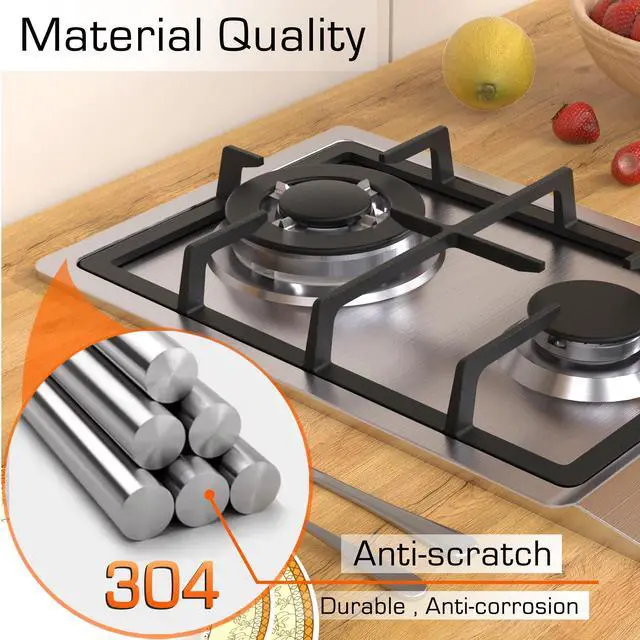 Alt view image 4 of 6 - 12 Inch Gas Cooktop, 2 Burner Gas Stove Top, Drop-in Stainless Steel Dual Fuel (NG/LPG) Convertible, Thermocouple Protection for RV, Apartments & Outdoor Use