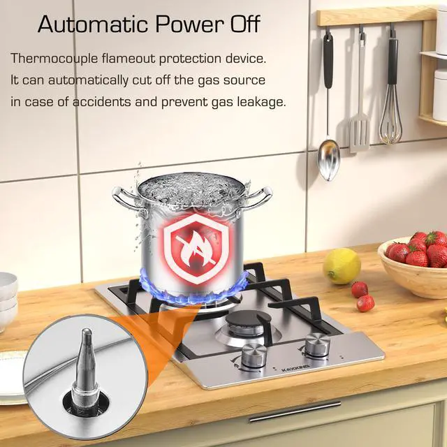 Alt view image 3 of 6 - 12 Inch Gas Cooktop, 2 Burner Gas Stove Top, Drop-in Stainless Steel Dual Fuel (NG/LPG) Convertible, Thermocouple Protection for RV, Apartments & Outdoor Use