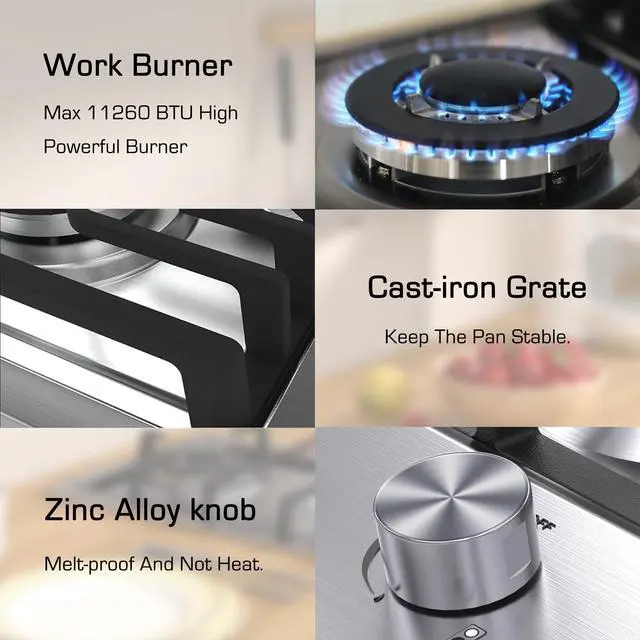 Alt view image 5 of 6 - 12 Inch Gas Cooktop, 2 Burner Gas Stove Top, Drop-in Stainless Steel Dual Fuel (NG/LPG) Convertible, Thermocouple Protection for RV, Apartments & Outdoor Use