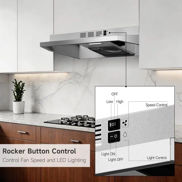 Alt view image 2 of 7 - Stainless Steel Under Cabinet Range Hood, Slim Kitchen Vent Hood Ducted/Ductless Convertible with 2 Speed Exhaust Fan, 3-Layer Aluminum Filters,LED Lights (Matte, 30)