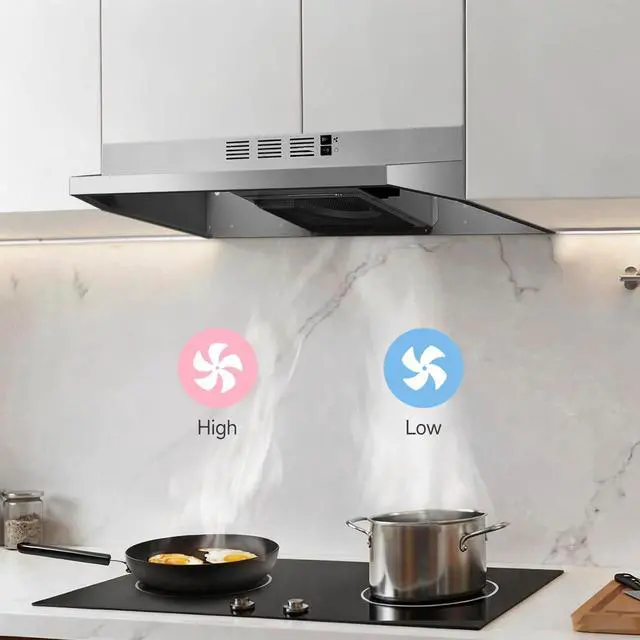 Alt view image 4 of 7 - Stainless Steel Under Cabinet Range Hood, Slim Kitchen Vent Hood Ducted/Ductless Convertible with 2 Speed Exhaust Fan, 3-Layer Aluminum Filters,LED Lights (Matte, 30)