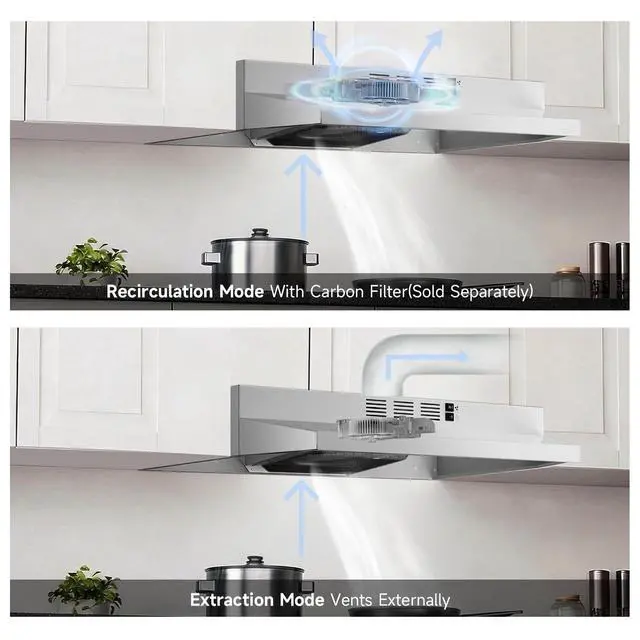 Alt view image 6 of 7 - Stainless Steel Under Cabinet Range Hood, Slim Kitchen Vent Hood Ducted/Ductless Convertible with 2 Speed Exhaust Fan, 3-Layer Aluminum Filters,LED Lights (Matte, 30)