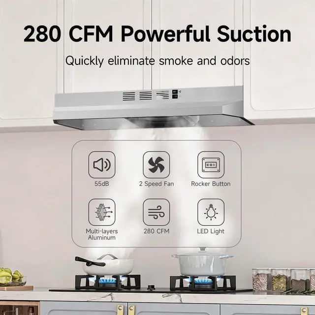 Alt view image 7 of 7 - Stainless Steel Under Cabinet Range Hood, Slim Kitchen Vent Hood Ducted/Ductless Convertible with 2 Speed Exhaust Fan, 3-Layer Aluminum Filters,LED Lights (Matte, 30)
