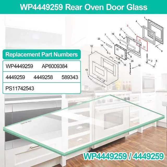 Alt view image 2 of 6 - Upgraded WP4449259 Oven Door Glass Replacement Compatible w/Whirlpool 4449259 Oven Inner Door Glass, 20x10" Wall Oven Inner Glass for KitchenAid Oven Door Glass KDRP463LSS08, KEBC107KSS03