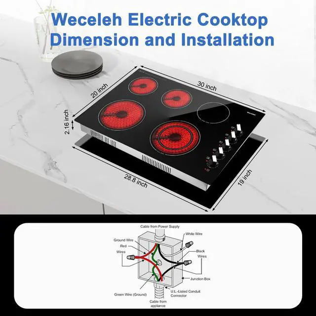 Alt view image 2 of 7 - 30 Inch Electric Cooktop, 5 Burners Built-in Electric Stove Top, 7300W | Knob Control Electric Stove Top with 11 Power Levels, Safety Lock, Dual Ring, Heat Retention Function, 220240V hardwired