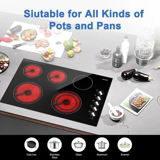 Alt view image 4 of 7 - 30 Inch Electric Cooktop, 5 Burners Built-in Electric Stove Top, 7300W | Knob Control Electric Stove Top with 11 Power Levels, Safety Lock, Dual Ring, Heat Retention Function, 220240V hardwired
