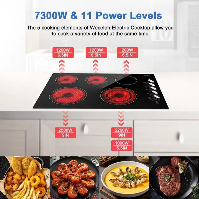 Alt view image 5 of 7 - 30 Inch Electric Cooktop, 5 Burners Built-in Electric Stove Top, 7300W | Knob Control Electric Stove Top with 11 Power Levels, Safety Lock, Dual Ring, Heat Retention Function, 220240V hardwired
