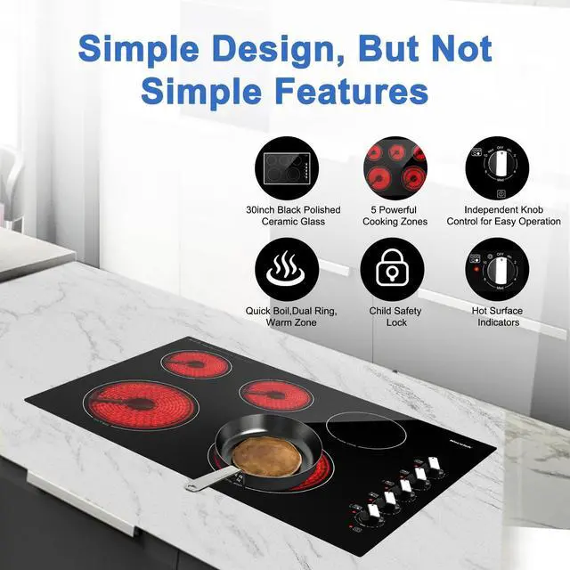 Alt view image 7 of 7 - 30 Inch Electric Cooktop, 5 Burners Built-in Electric Stove Top, 7300W | Knob Control Electric Stove Top with 11 Power Levels, Safety Lock, Dual Ring, Heat Retention Function, 220240V hardwired