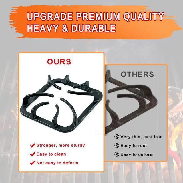 Alt view image 4 of 7 - 316202405 Stove Grate Replacement for Frigidaire Kenmore Gas Range, 8.9" x 8.8" Cast Iron Burner Grates, Stove Top Surface Grate Cooktop Rack, 4 Pack
