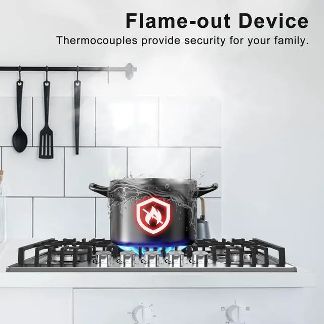 Alt view image 4 of 7 - 36 Inch Gas Cooktop, 5 Burners Dual Fuel (LPG/NG Convertible), Stainless Steel Gas Stove Top with Thermocouple Protection, Built-in Range, Easy to Clean