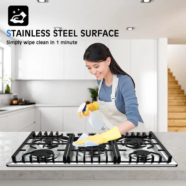 Alt view image 2 of 7 - 36 Inch Gas Cooktop, 5 Burners Dual Fuel (LPG/NG Convertible), Stainless Steel Gas Stove Top with Thermocouple Protection, Built-in Range, Easy to Clean