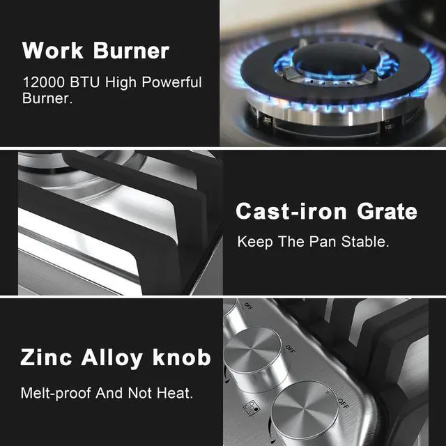 Alt view image 7 of 7 - 36 Inch Gas Cooktop, 5 Burners Dual Fuel (LPG/NG Convertible), Stainless Steel Gas Stove Top with Thermocouple Protection, Built-in Range, Easy to Clean