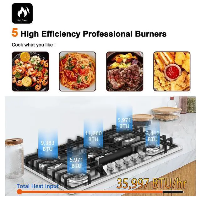 Alt view image 3 of 7 - 36 Inch Gas Cooktop, 5 Burners Dual Fuel (LPG/NG Convertible), Stainless Steel Gas Stove Top with Thermocouple Protection, Built-in Range, Easy to Clean