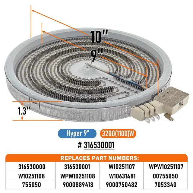 Alt view image 3 of 6 - 316530000 316530001 Range Cooktop 9" Radiant Surface Element Burner 3200(1100) W OEM Replacement Parts, Replaces W10251107 WPW10251107 W10251108 WPW10251108 W10631481 00755050 9000889418 9000750482