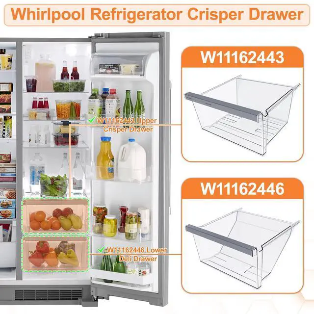 Alt view image 2 of 7 - UPGRADED W11162443 Crisper Drawer & W11162446 Fridge Drawer For Whirlpool Refrigerator Drawers Replacement WRS315SDHZ02 WRS315SDHZ05 WRS315SDHZ08 WRS321SDHZ08 Parts Whirlpool Fridge Drawers WRS325SDHZ