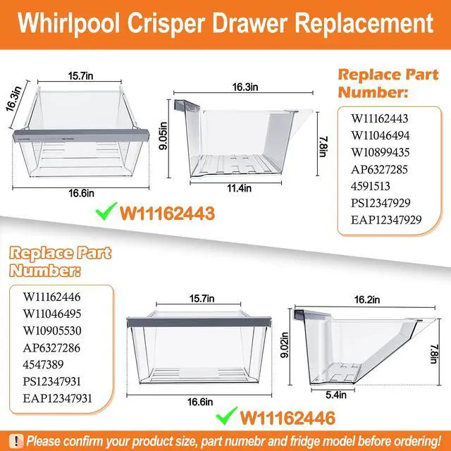 Alt view image 3 of 7 - UPGRADED W11162443 Crisper Drawer & W11162446 Fridge Drawer For Whirlpool Refrigerator Drawers Replacement WRS315SDHZ02 WRS315SDHZ05 WRS315SDHZ08 WRS321SDHZ08 Parts Whirlpool Fridge Drawers WRS325SDHZ