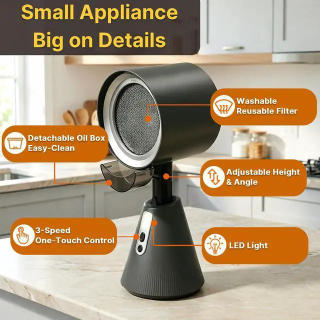 Alt view image 2 of 7 - Portable Range Hood, Adjustable Height Angle, 3-Speed, Washable Filters | Plug & play, portable, large oil cup, compact storage, grease trap, LED light, hot pot/BBQ/RV/dorm, zero replacement cost