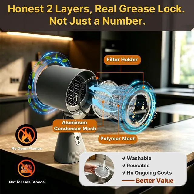 Alt view image 3 of 7 - Portable Range Hood, Adjustable Height Angle, 3-Speed, Washable Filters | Plug & play, portable, large oil cup, compact storage, grease trap, LED light, hot pot/BBQ/RV/dorm, zero replacement cost