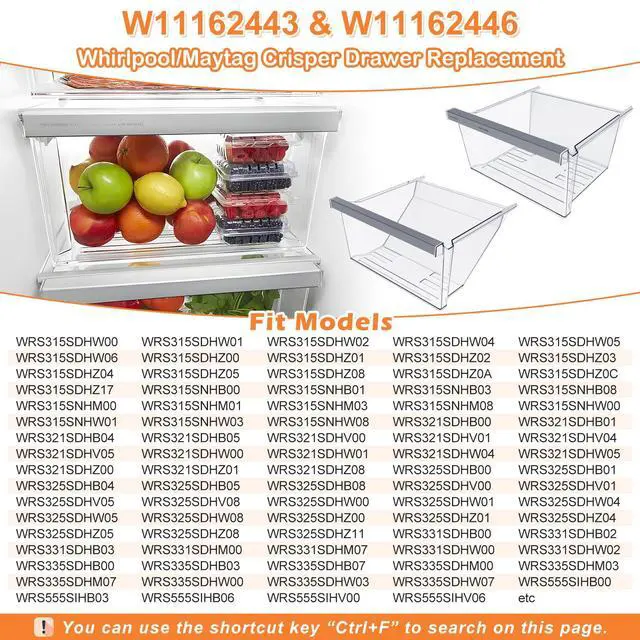Alt view image 4 of 7 - UPGRADED W11162443 Crisper Drawer & W11162446 Fridge Drawer For Whirlpool Refrigerator Drawers Replacement WRS315SDHZ02 WRS315SDHZ05 WRS315SDHZ08 WRS321SDHZ08 Parts Whirlpool Fridge Drawers WRS325SDHZ